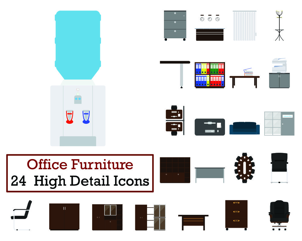 24个办公家具图标集 平面色彩设计与矢量图应用
